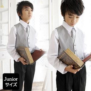 男の子 フォーマル スーツ 子供 結婚式 入学式 卒業式 120 130 140 150 160cm　ストライプ柄シルバー色ベストスーツ4点セット
